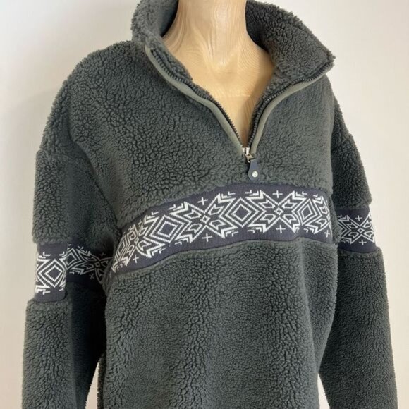VTG Aviva Women’s Large Green Fleece Lined Nordic Fair Isle Pullover Zip Sweater - Picture 1 of 11